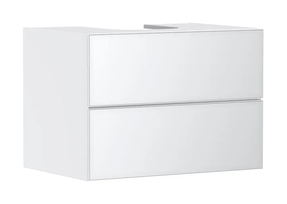 Weißer Waschtischunterschrank von Hansgrohe mit zwei Schubkästen, geeignet für einen Aufsatzwaschtisch, in schlichter, moderner Form.